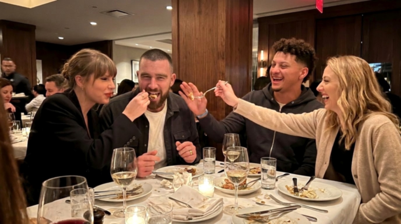 Taylor Swift, Travis Kelce, Patrick and Brittany Mahomes Turn Heads in NYC on a Power Double Dinner Date as the Chiefs WAGs Hilariously Feed Their Husbands Before Heading to Yankee Stadium for the Yankees vs. Rays ALDS Game - See the Sweet Moment in Clearer Photos and a Never-Before-Seen Clip