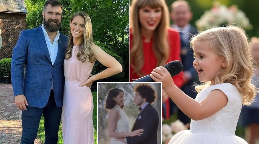 Breaking News: Kylie Kelce shares an unforgettable moment from Selena Gomez and Benny Blanco’s fairytale wedding as her 5-year-old daughter Wyatt, clutching nothing but a toy microphone, stood before the crowd and sang with the fearless spirit of a born performer