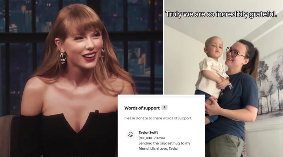 Travis Kelce’s fiancée, Taylor Swift, donates $100,000 to 2-year-old Lilah battling Stage IV cancer after the little girl said she wanted Taylor as her best friend