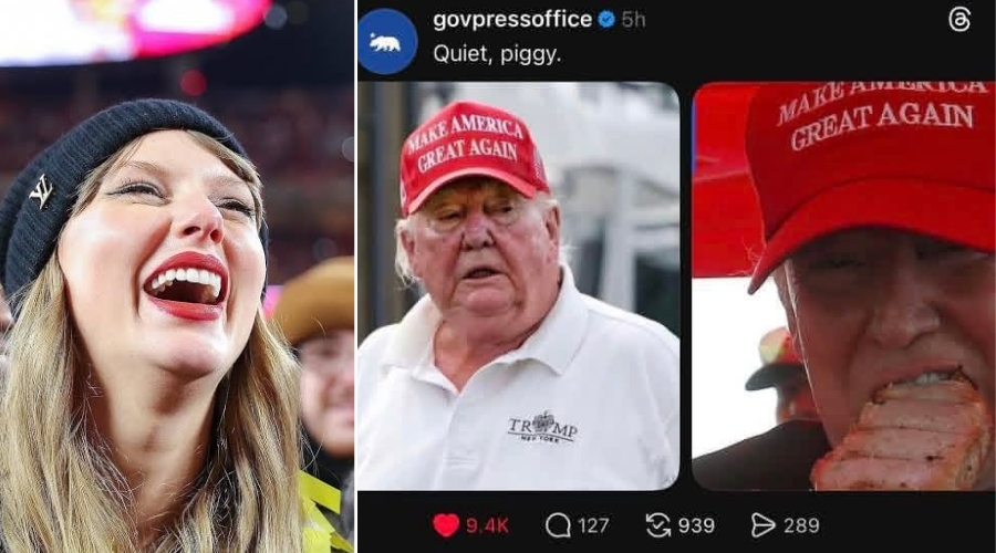 BREAKING: Taylor Swift Bursts Into Uncontrollable Laughter as Gavin Newsom Roasts Trump With His “Quiet Piggy” Statement — “OMG, Gavin Newsom’s Press Office Actually Posted This! Karma came quick — oink oink, loudly delivered.”