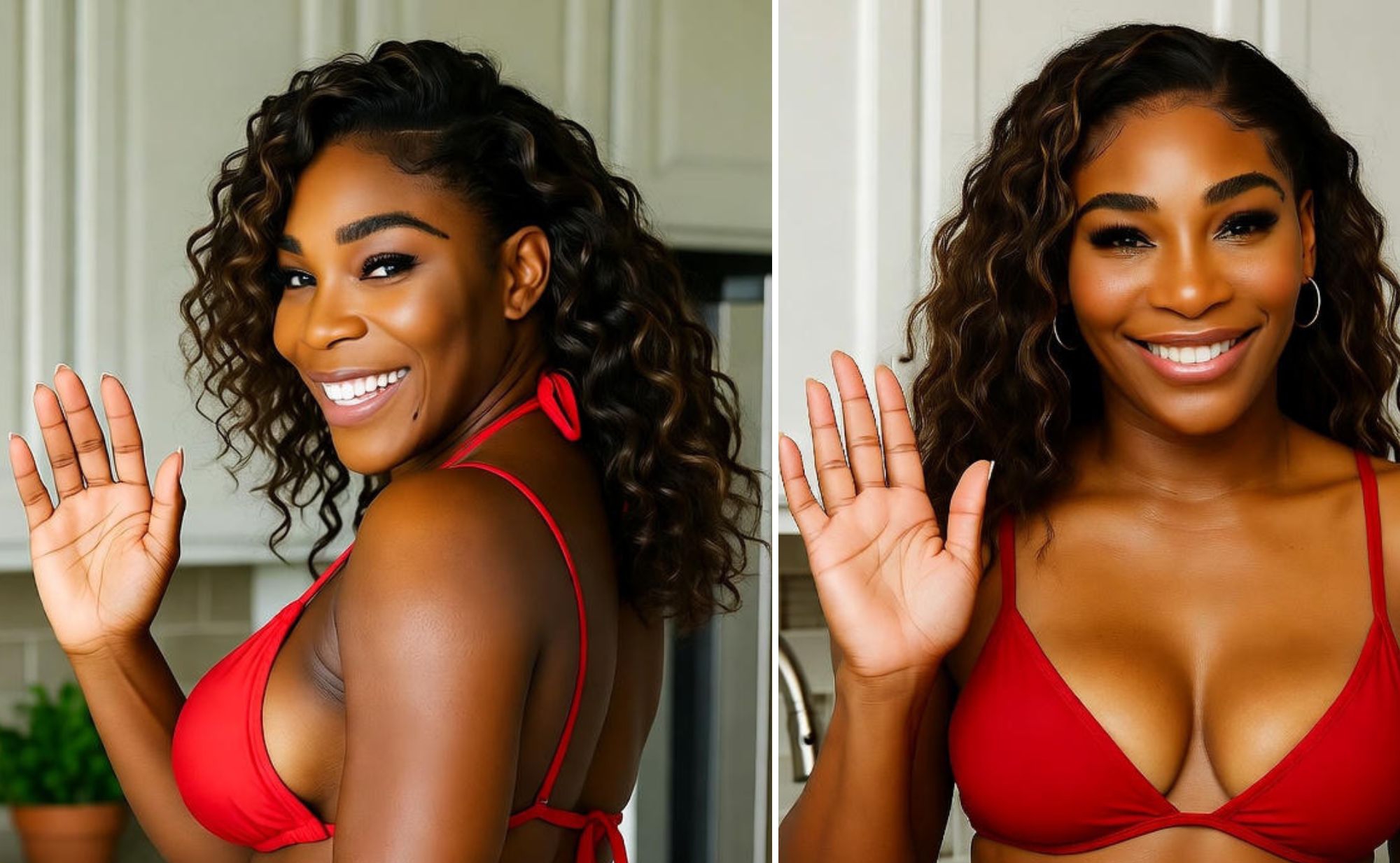 CAN YOU CONCENTRATE IN THIS VIDEO?! Serena Williams shows off her cooking skills wearing a spicy red semi-tra spent bikini in the kitchen — fans can’t even figure out what she’s cooking because those two big melons are just too bouncy… See exclusive video