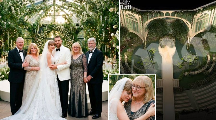 Taylor Swift Officially Releases the First Exclusive Look at Her Wedding Photos With Husband Travis Kelce and Both Sets of Parents, Donna and Ed Kelce and Andrea and Scott Swift, After Months of Secrecy and the Recent Daily Mail Leak of the Original Wedding Layout Plans and Scrapped Decisions