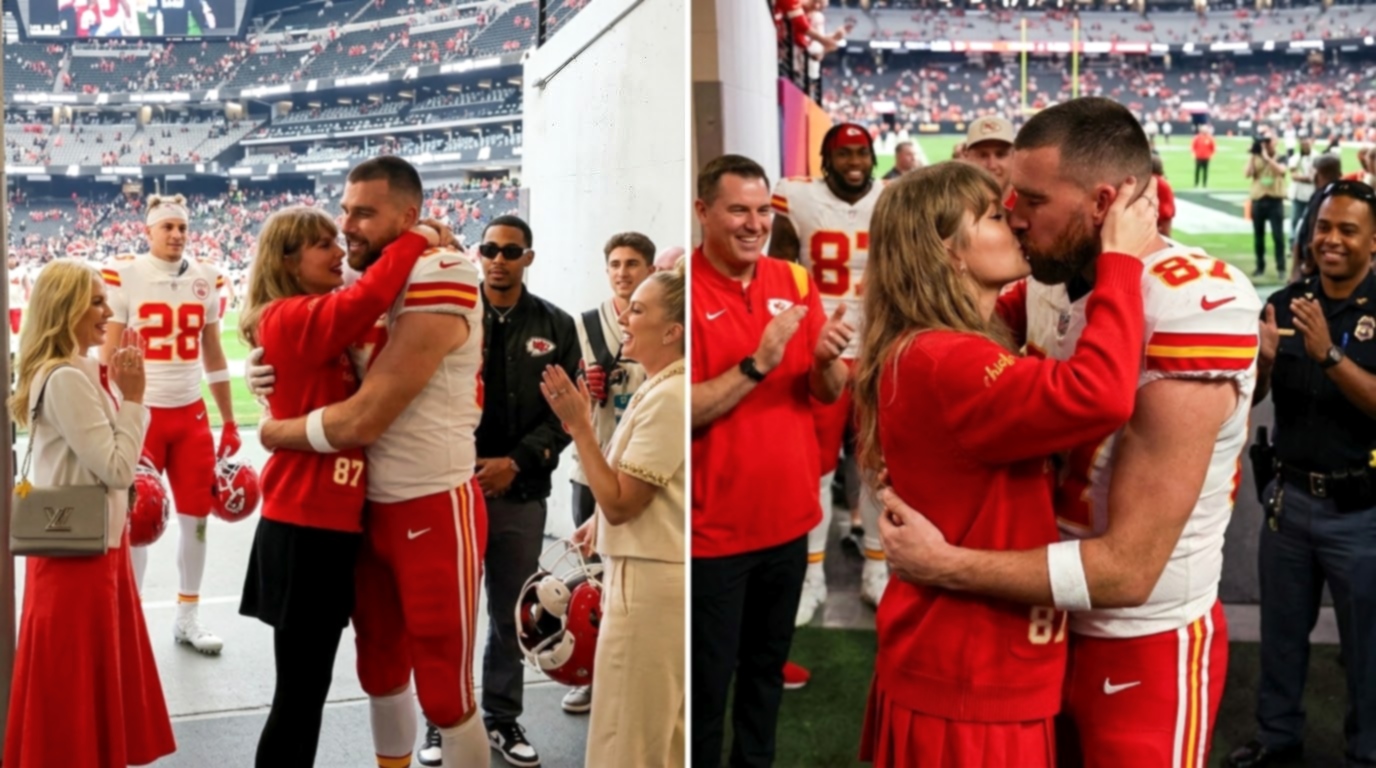 Taylor Swift Steals the Spotlight as She Runs to Hug and Give Husband Travis Kelce a Celebratory Kiss After Chiefs’ Thrilling 30–27 Win Over the Raiders