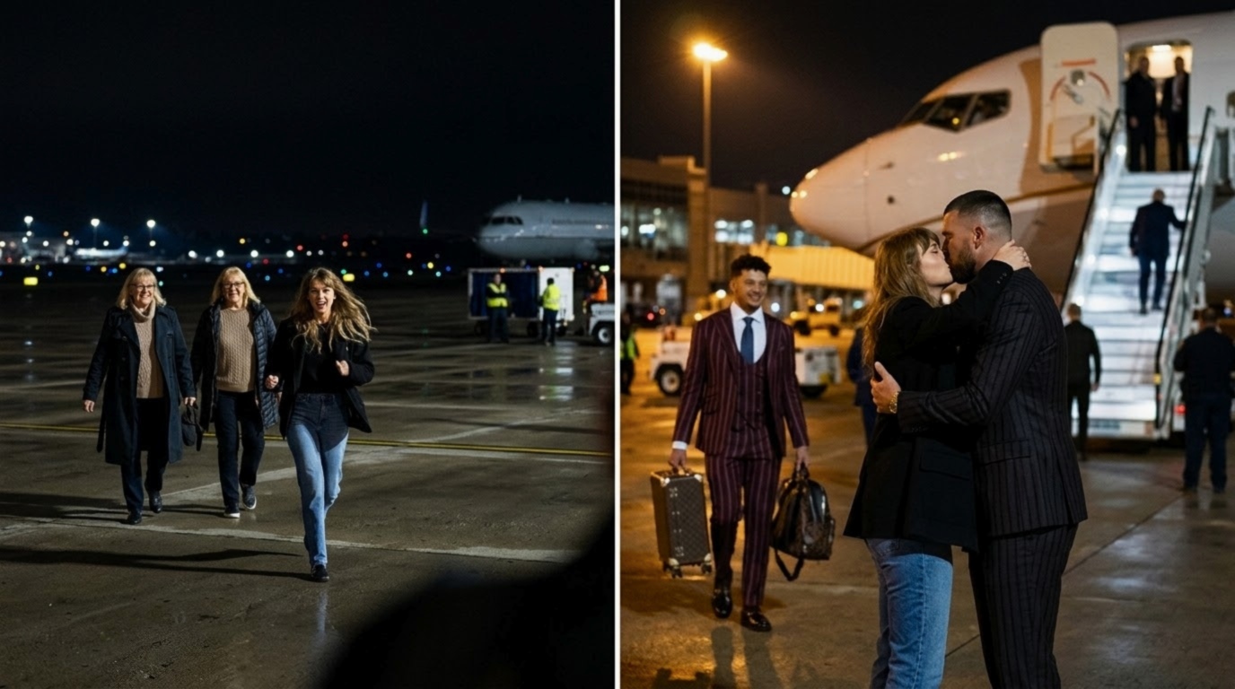 Taylor Swift Breaks Airport Protocol and Curfew as She Rushes to Hug and Share a Sweet Kiss With Husband Travis Kelce After He Arrives With His Teammates at Kansas City International Airport Following the Chiefs’ High-Stakes 30-27 Win Over the Raiders in Las Vegas - Donna Kelce and Andrea Swift Couldn’t Hold Her Back as She Runs to Travis in a Never-Before-Seen Adorable Clip